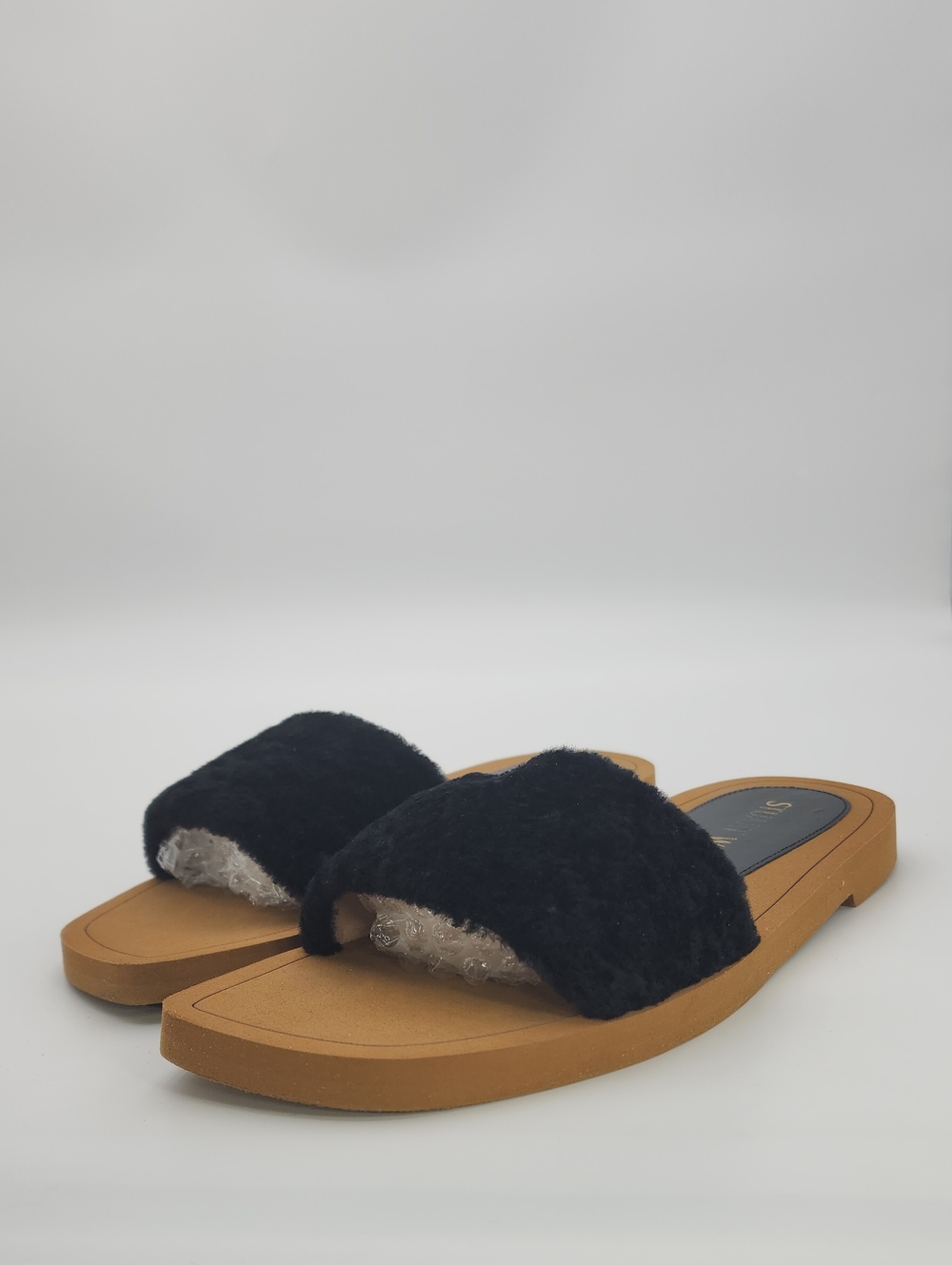 Stuart Weitzman Cammy Black Shearling Strap Slide Sandals Size 9B